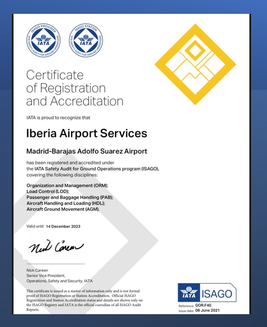 Iberia Airport Services renews its ISAGO certification at our headquarters and at Barajas airport