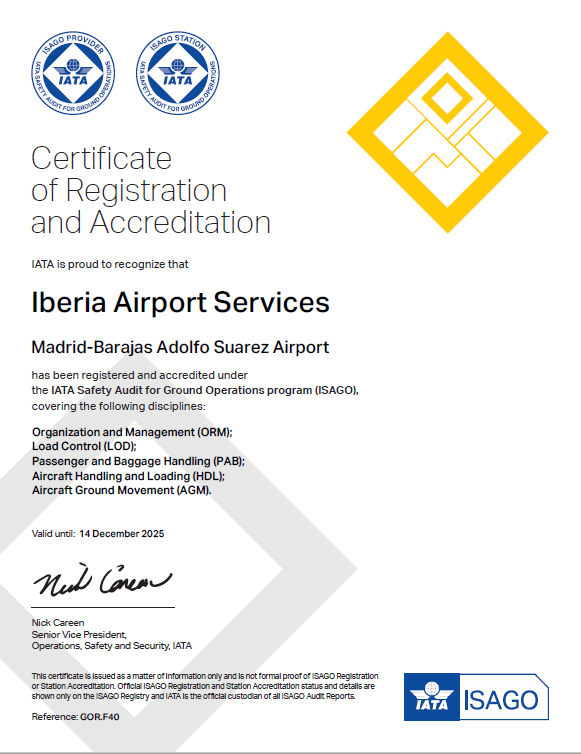 Iberia Airport Services renews its ISAGO certification at our headquarters and at Barajas Airport.